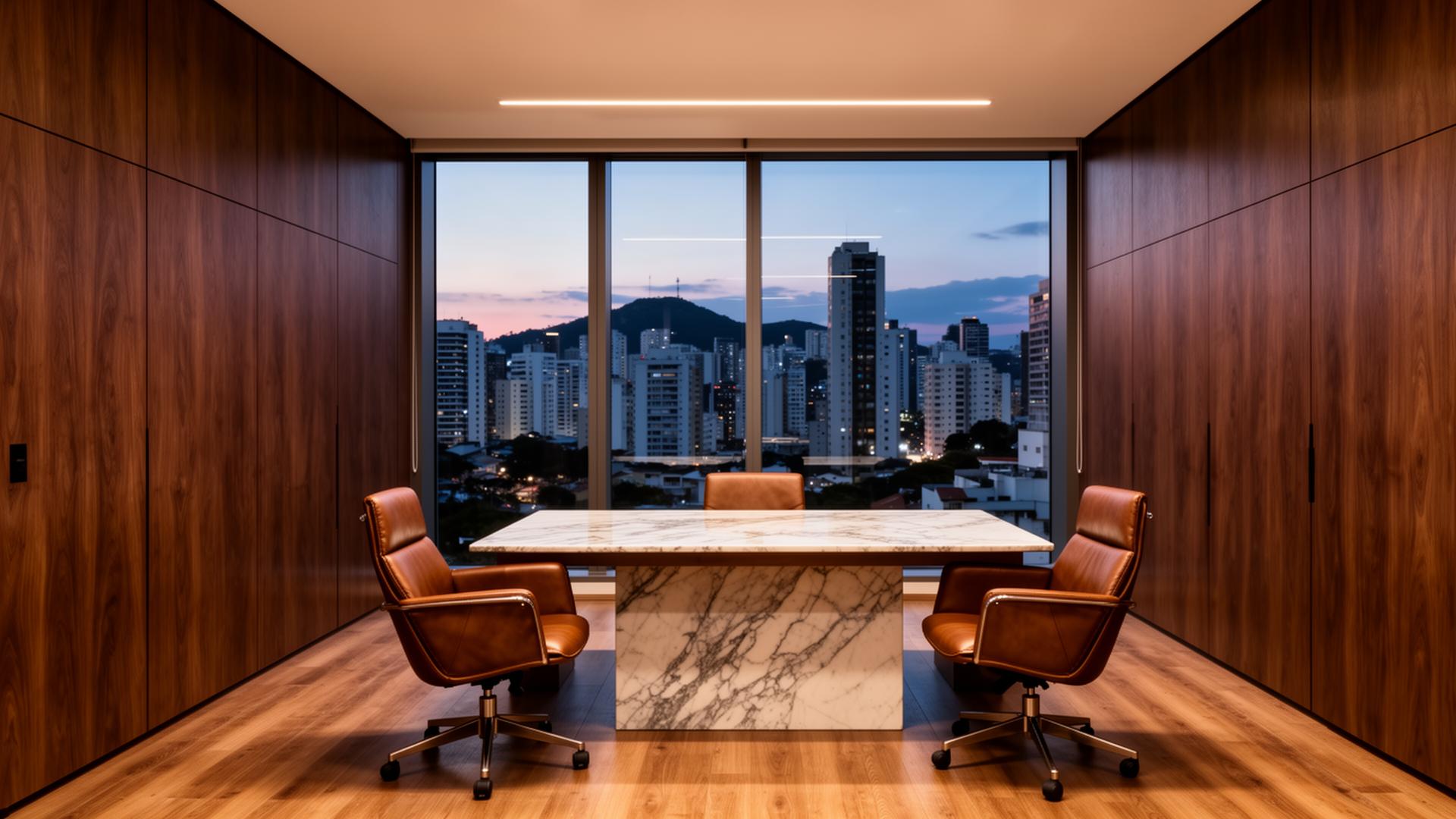 Sala de reuniões executiva ao entardecer, com vista para skyline urbano brasileiro